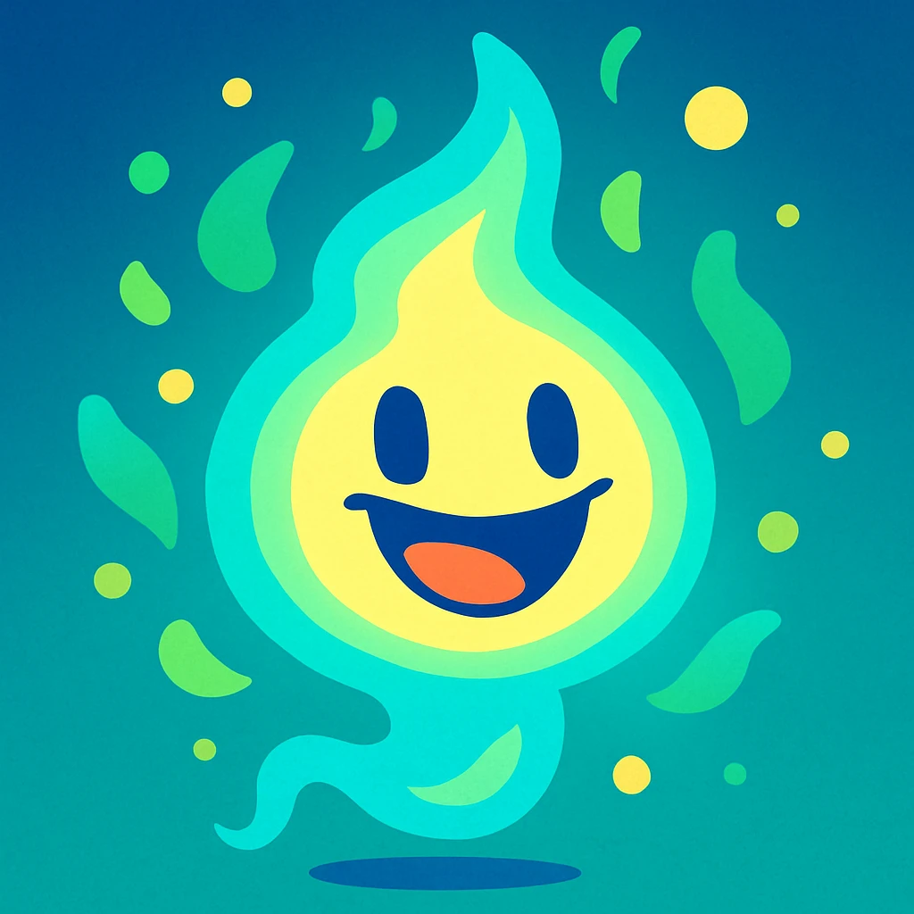 a wisp with a big smile, glowing and cheerful, whimsical style, vibrant colors, playful atmosphere emoji