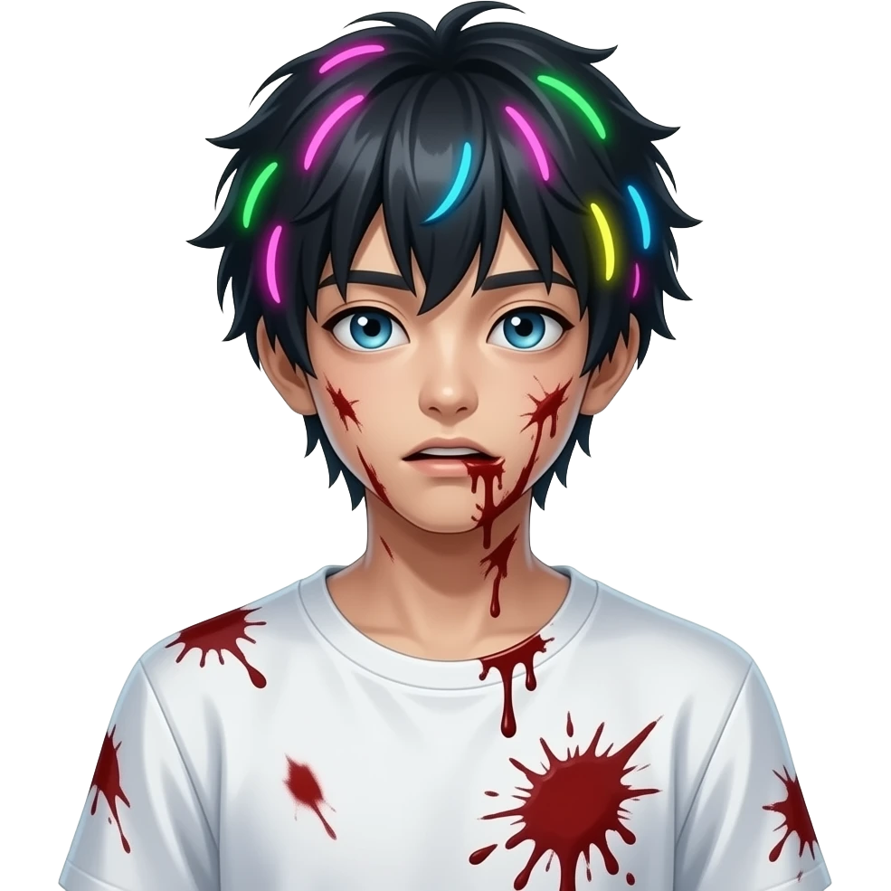 garoto zumbi japonês com cabelo com luzes e camisa branca básica com sangue emoji