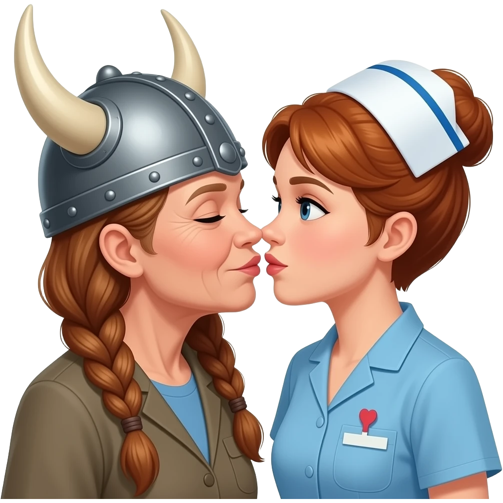 Viking helmet older woman with braids kissing shortest auburn hair nurse female couple emoji