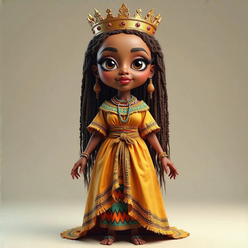 Create me a Stylized 3D Character Art of an beautiful Ethiopian Queen of Sheba wearing a queen crown, traditional Ethiopian habesha kemis dress. Do a balance of realism and caricature with Rich Textures having a Hand-Painted Feel. Give her beautiful hair with braids and make her brown skinned.  emoji