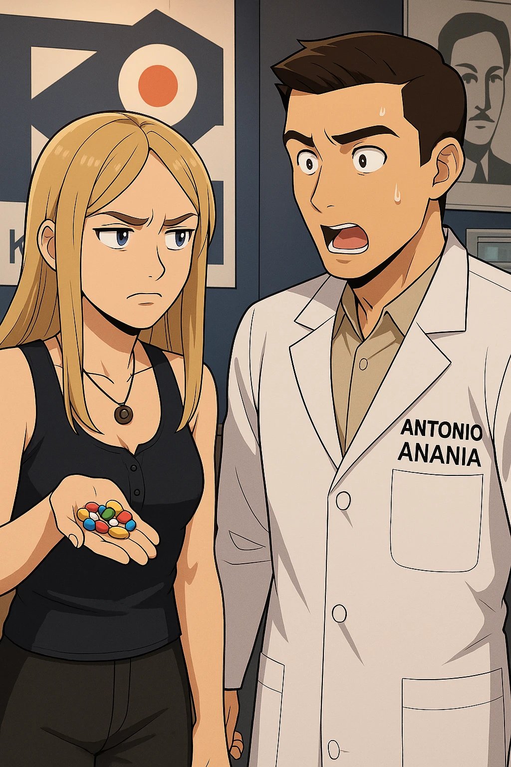 fai un webtoon/manga a colori con questo kinesiologo in camice bianco (fagli la scritta "ANTONIO ANANIA" SUL CAMICE) CHE PARLA CON QUESTA RAGAZZA CON GLI OCCHI AZZURRI. LA RAGAZZA HA UN PUGNO DI INTEGRATORI IN MANO (TANTE PILLOLE DIVERSE) E LE GUARDA DUBBIOSA. IL KINESIOLOGO CON IL CAMICE BIANCO LE DOMANDA UNA COSA SCIOCCATO. NON FARE I FUMETTI, FAI SOLO LORO COME SE DIALOGASSERO emoji