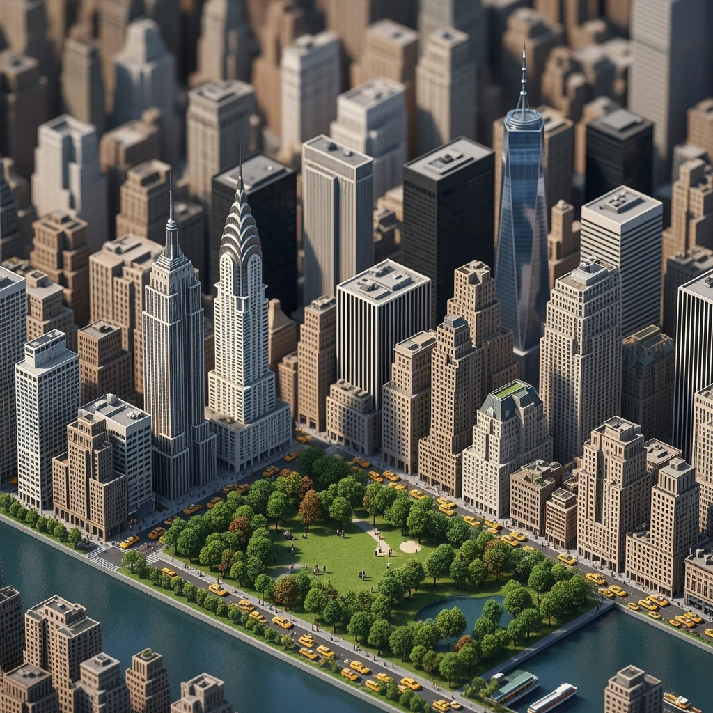 Isometric miniature of New York city 3D miniature effect and Tilt Shift effect, no cartoonish look, transparent background. emoji
