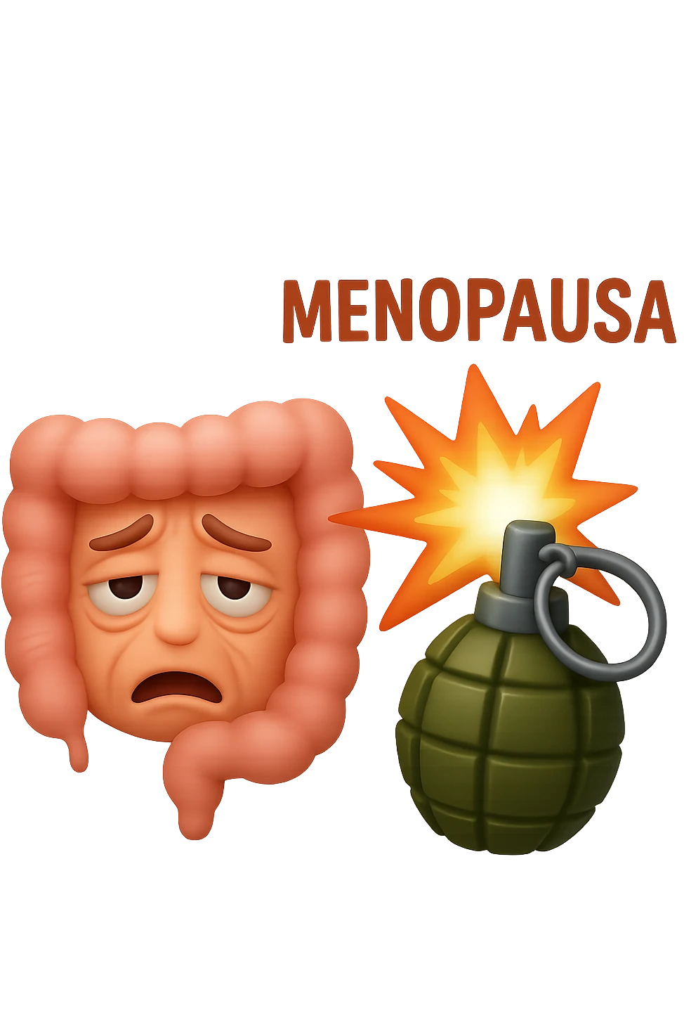 EMOJI STILE IPHONE 3D DI INTESTINO ANZIANO CON RUGHE SFINITO CON ESPRESSIONE STANCA, ACCANTO A LUI SCOPPIA UNA GRANATA 3D CON LA SCRITTA "MENOPAUSA" SOPRA emoji