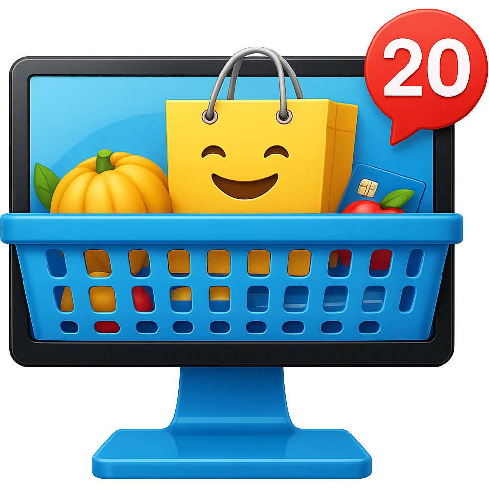 Create a high fidelity emoji style variant with smooth edges featuring a desktop monitor, shopping basket, emoji shopping bag, and a credit card as in the reference image. emoji