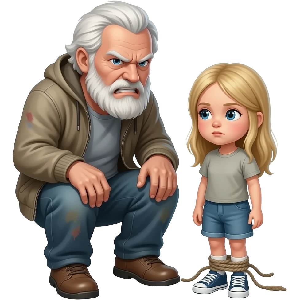 Small blond girl tied to the foot of an evil homeless 50 year old angry white male emoji