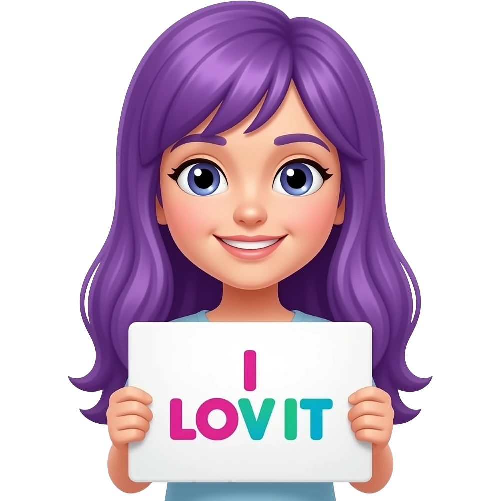 girl with long purple hair holding a I LOVE IT sign emoji