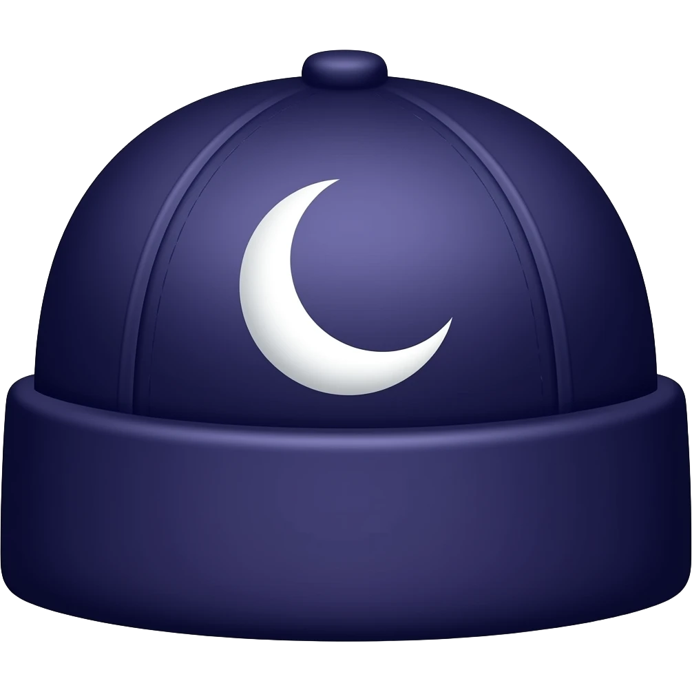 Nightcap: 3D emoji style, glossy surface, soft shadows, white background, centered, no text, nightcap hat, crescent moon above, deep purple and navy, no defined gender emoji