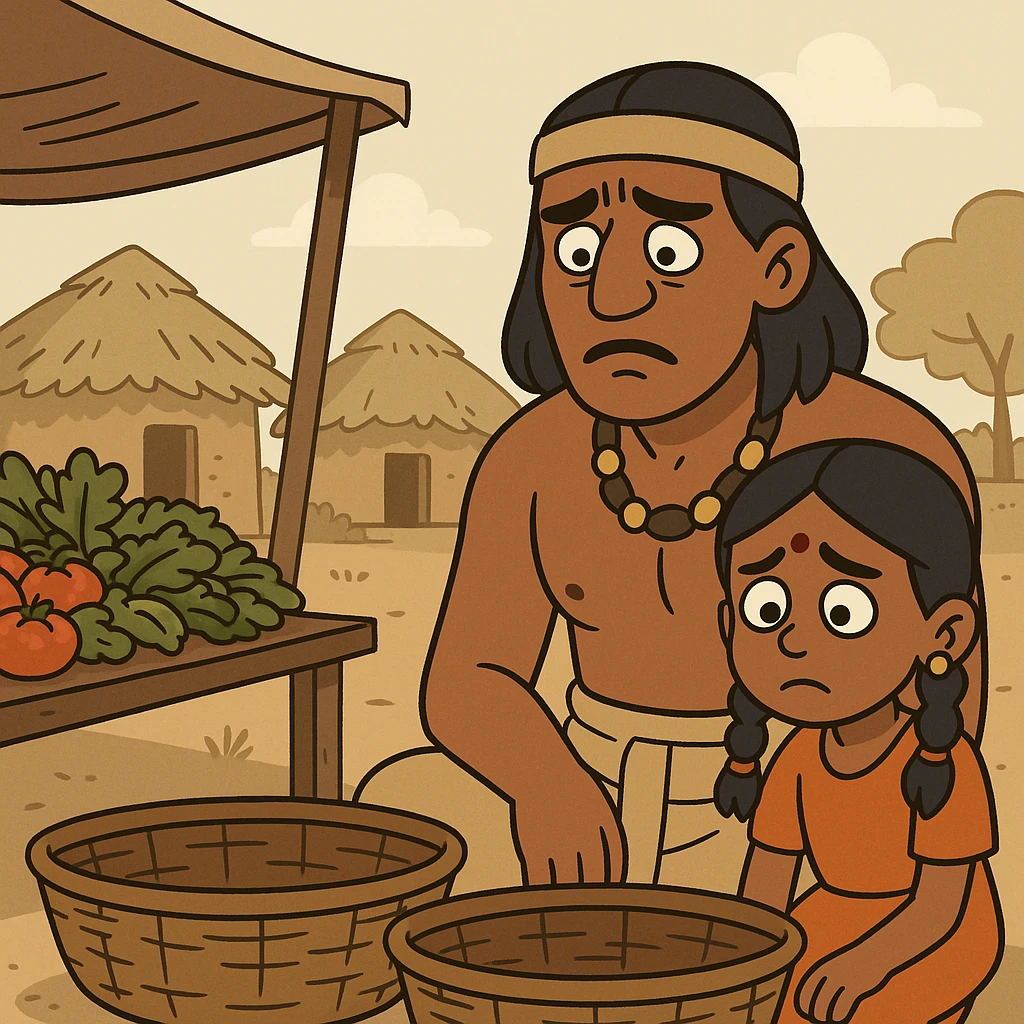 cartoon scene of a tribal Indian father and daughter at a market, unable to afford vegetables due to high prices, empty baskets, sad expressions, village huts in the background emoji
