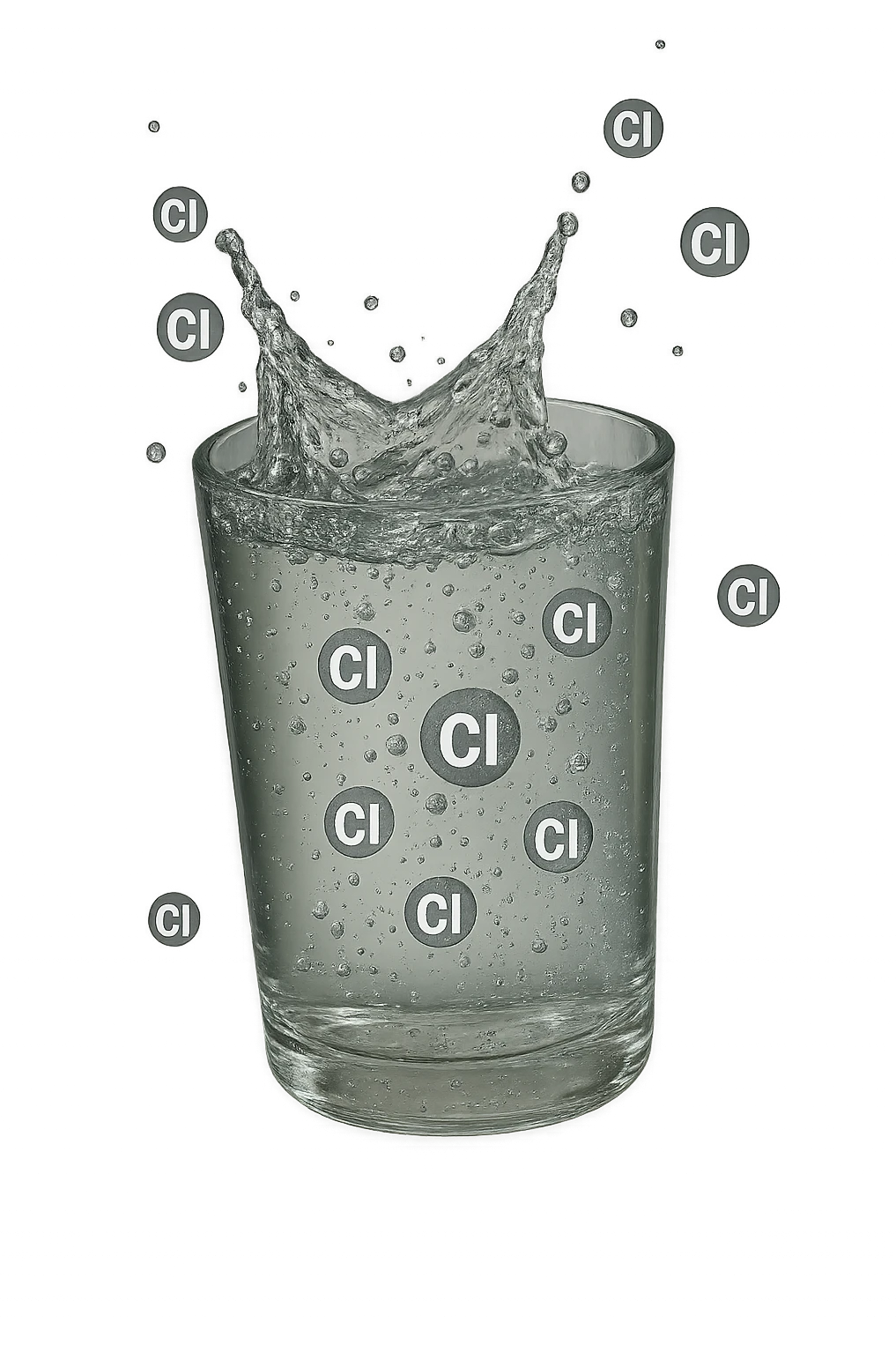 un bicchiere di acqua cade verticalmente dall'alto realistico e dettagliato, dentro l'acqua del bicchiere ci sono particelle di cloro ben visibili con la scritta "Cl" sopra, ci sono particelle anche che escono dal bicchiere e fluttuano in aria verticalmente, mentre alcune sono all'interno dell'acqua nel bicchiere, iperrealistico 4k emoji