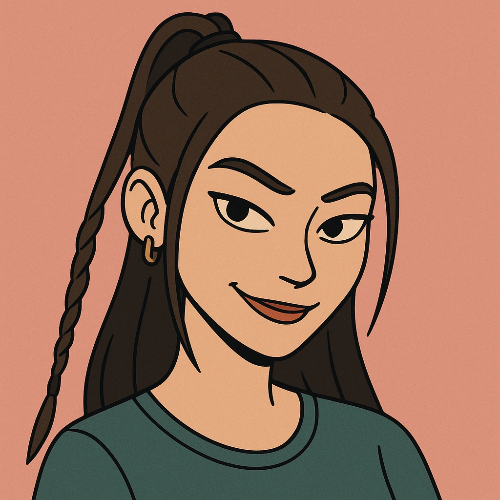 Create a cartoon style face that very closely matches the girl's facial features, hairstyle, and confident, slightly mischievous expression from the reference image. Focus on accuracy and capturing her unique look, in a cute but slightly mysterious cartoon style. emoji