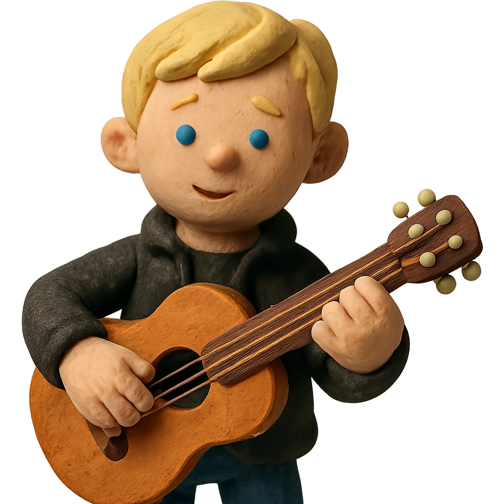 young blonde boy in a black jacket playing a guitar in claymation style emoji