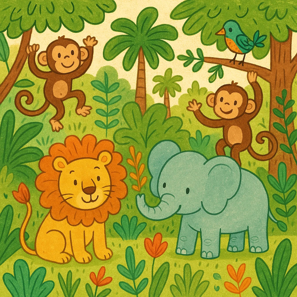 hand drawn digital illustration of jungle safari in the style of children's illustration emoji