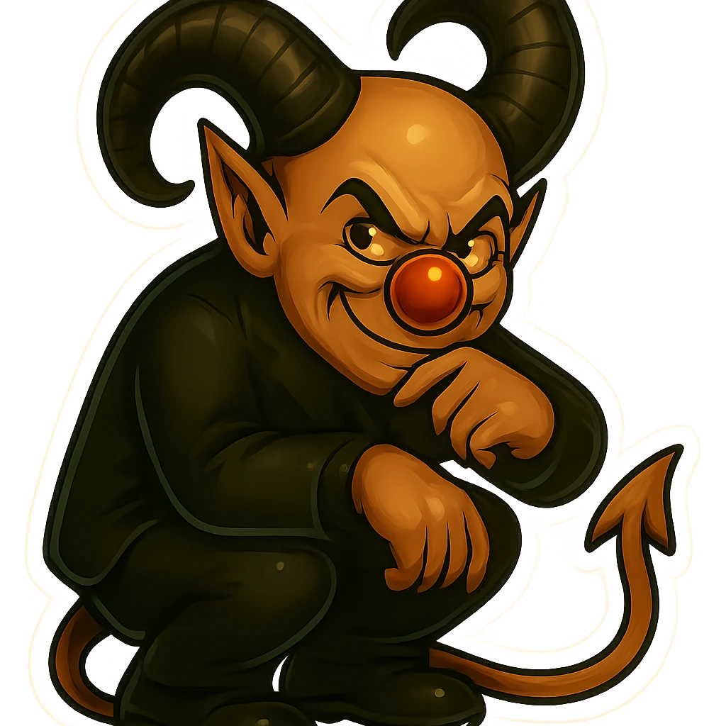Evil clown wizard in retro sticker style, transparent background, crouching and looking sly, wearing an all black suit, no pentagrams. Use the reference images for face, horns, and tail. emoji