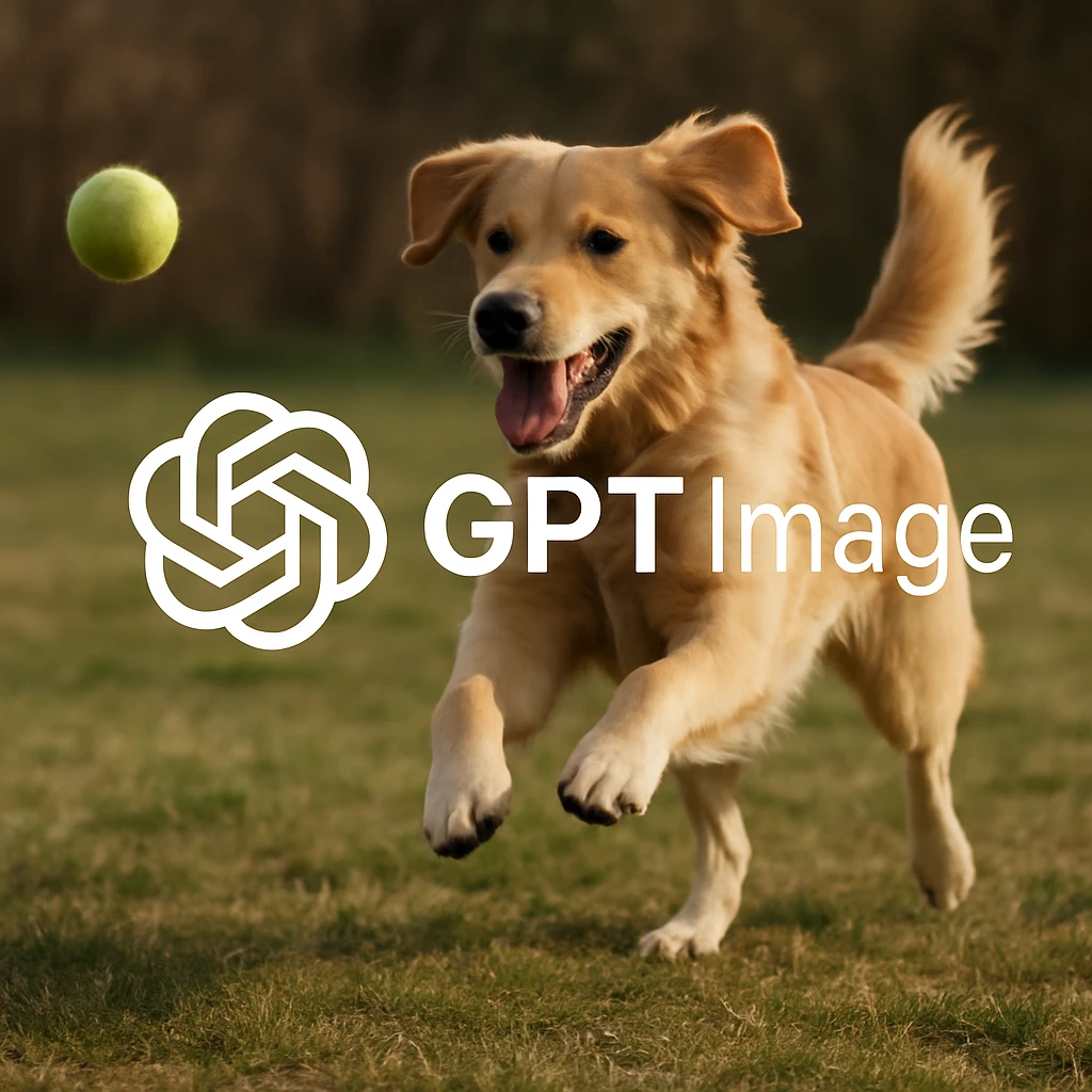  logo of chat gpt with text "GPT Image" on the background of a dog chasing ball, realistic image emoji