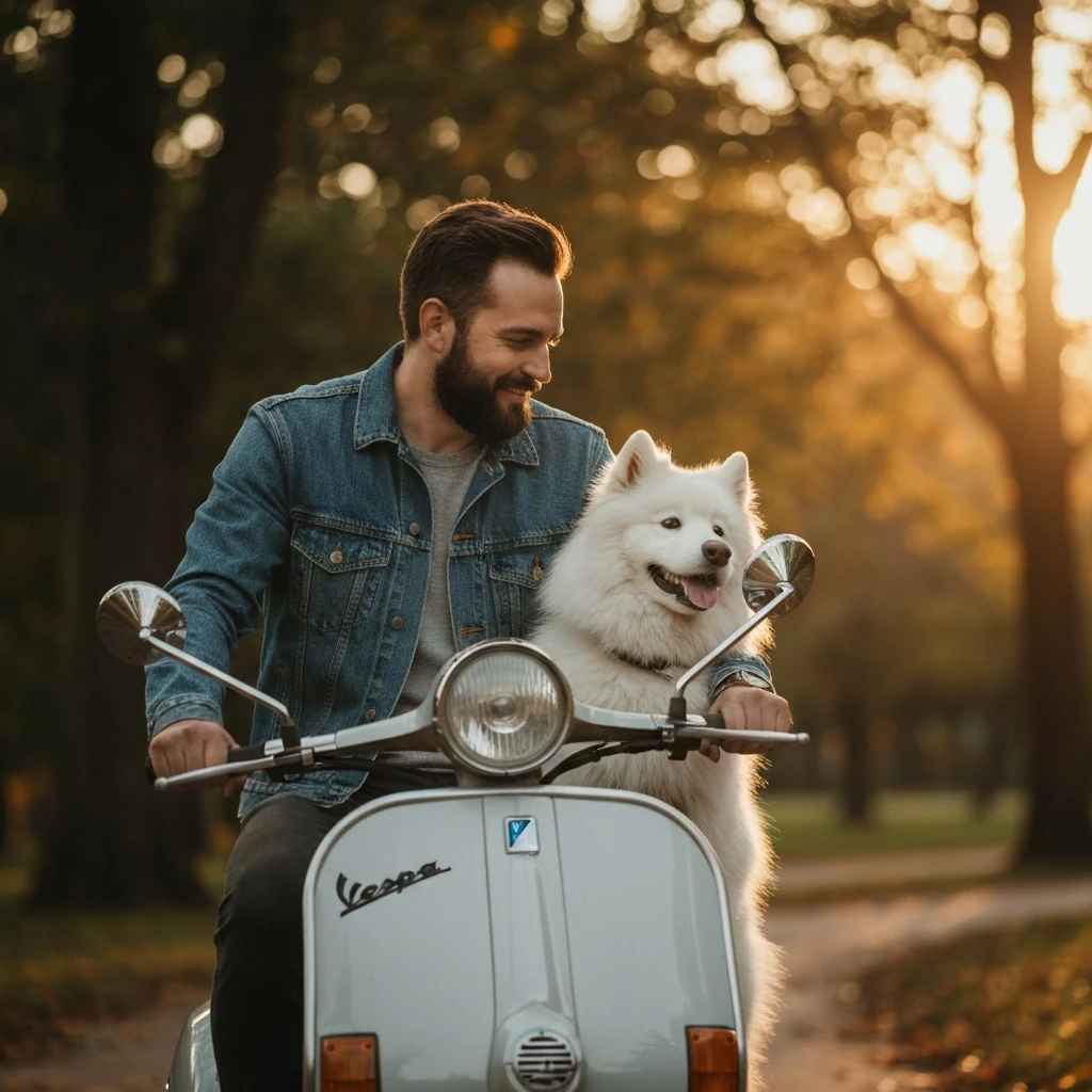 man and his pet dog riding a vespa emoji
