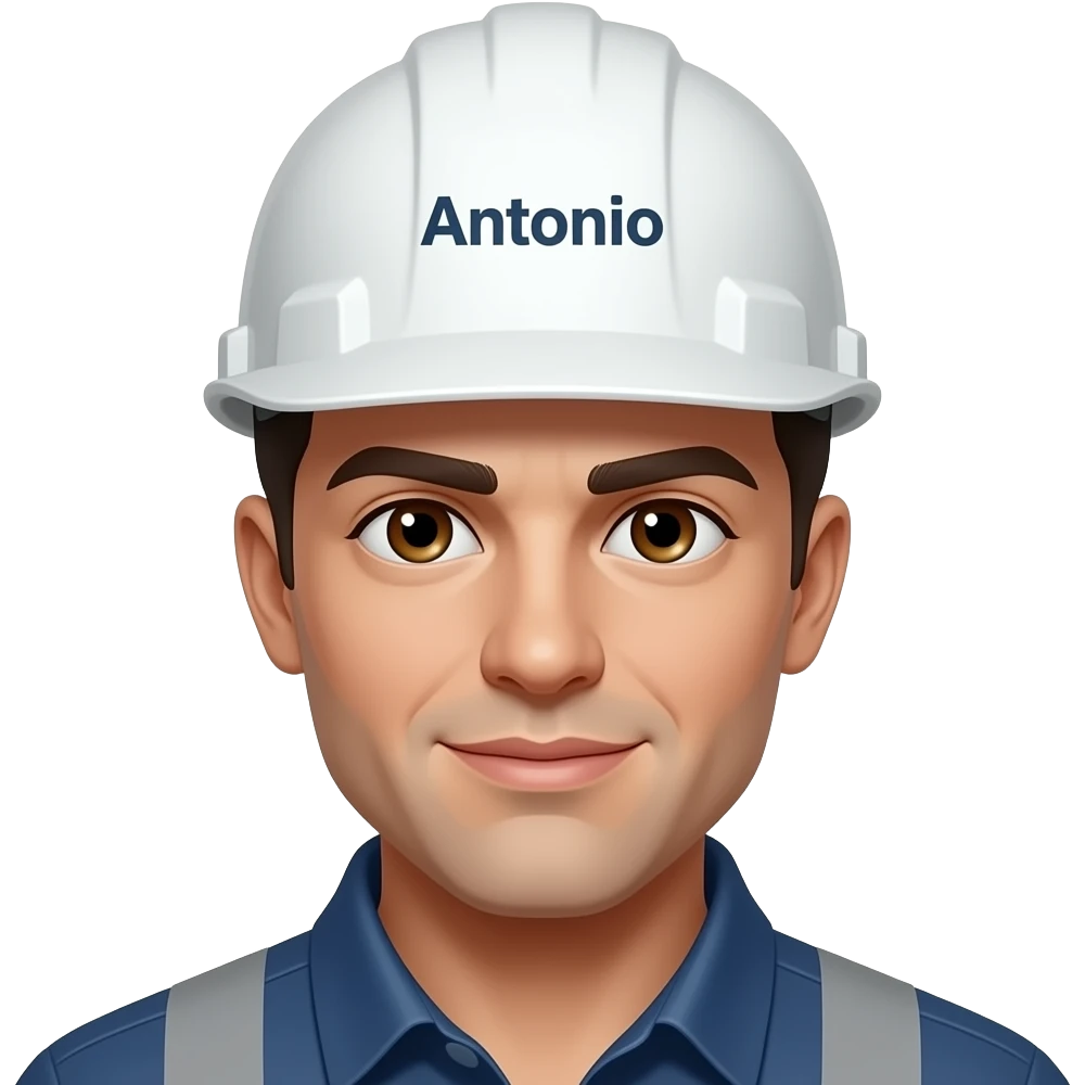 Electricista con ojos marrones claros que en el casco de color blanco diga Antonio emoji