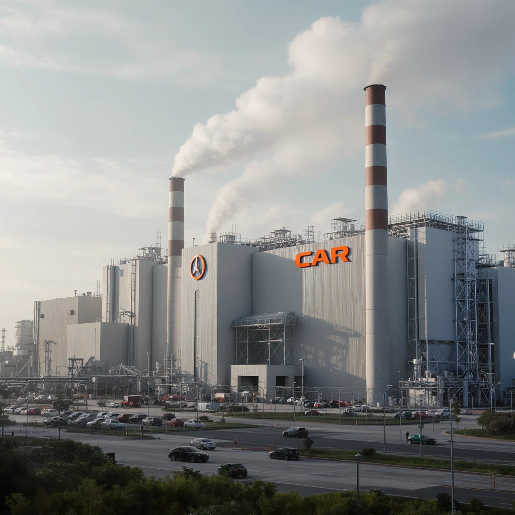 Realistic car factory exterior, large industrial building with smokestacks, parking lots filled with cars, factory grounds with machinery and equipment, realistic lighting and shadows, industrial atmosphere, workers in uniforms walking around, company logo on the building emoji