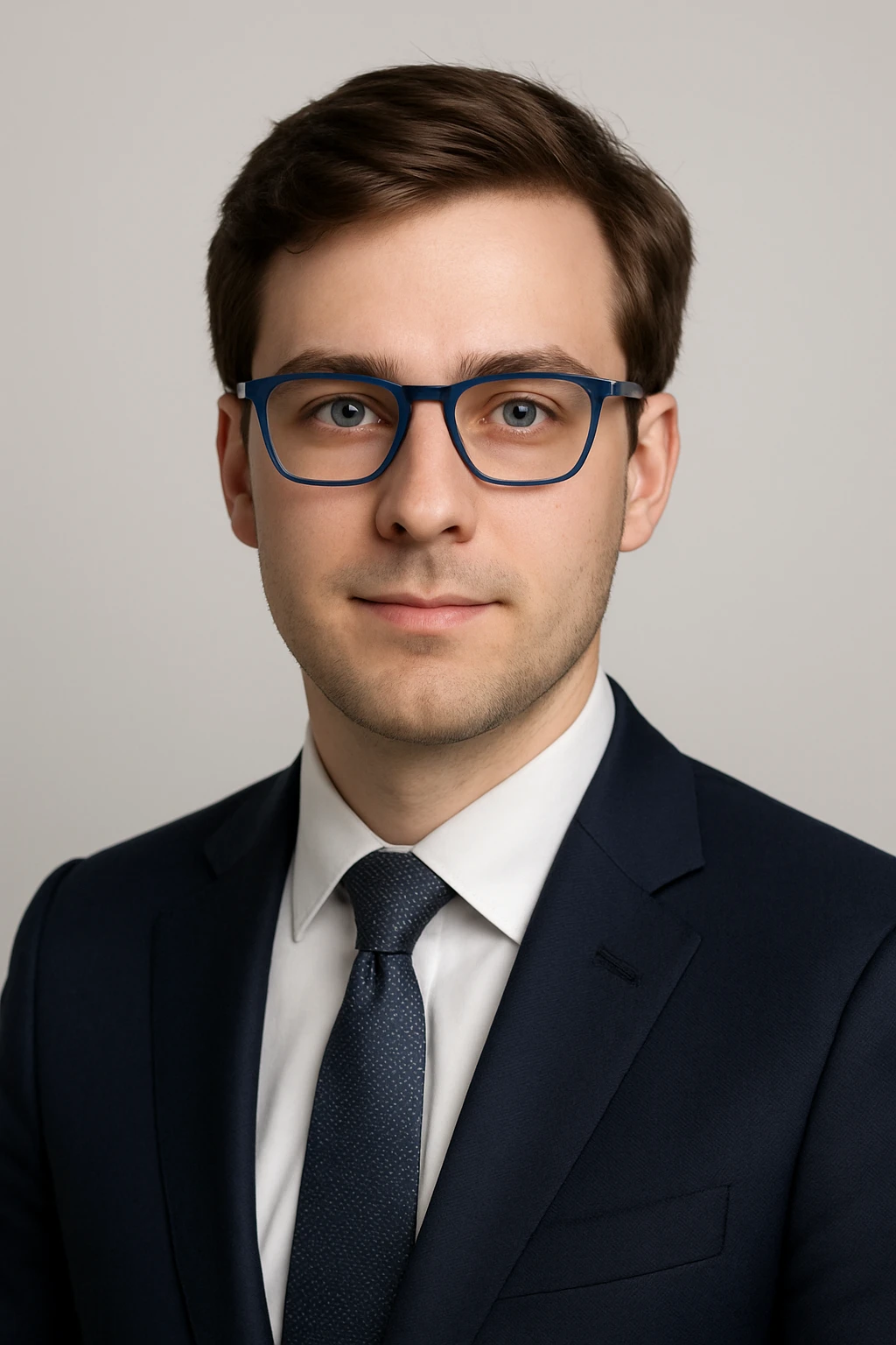 professional portrait of a young white male with brown hair, blue glasses, business attire, conveying a trustworthy and respectable vibe emoji