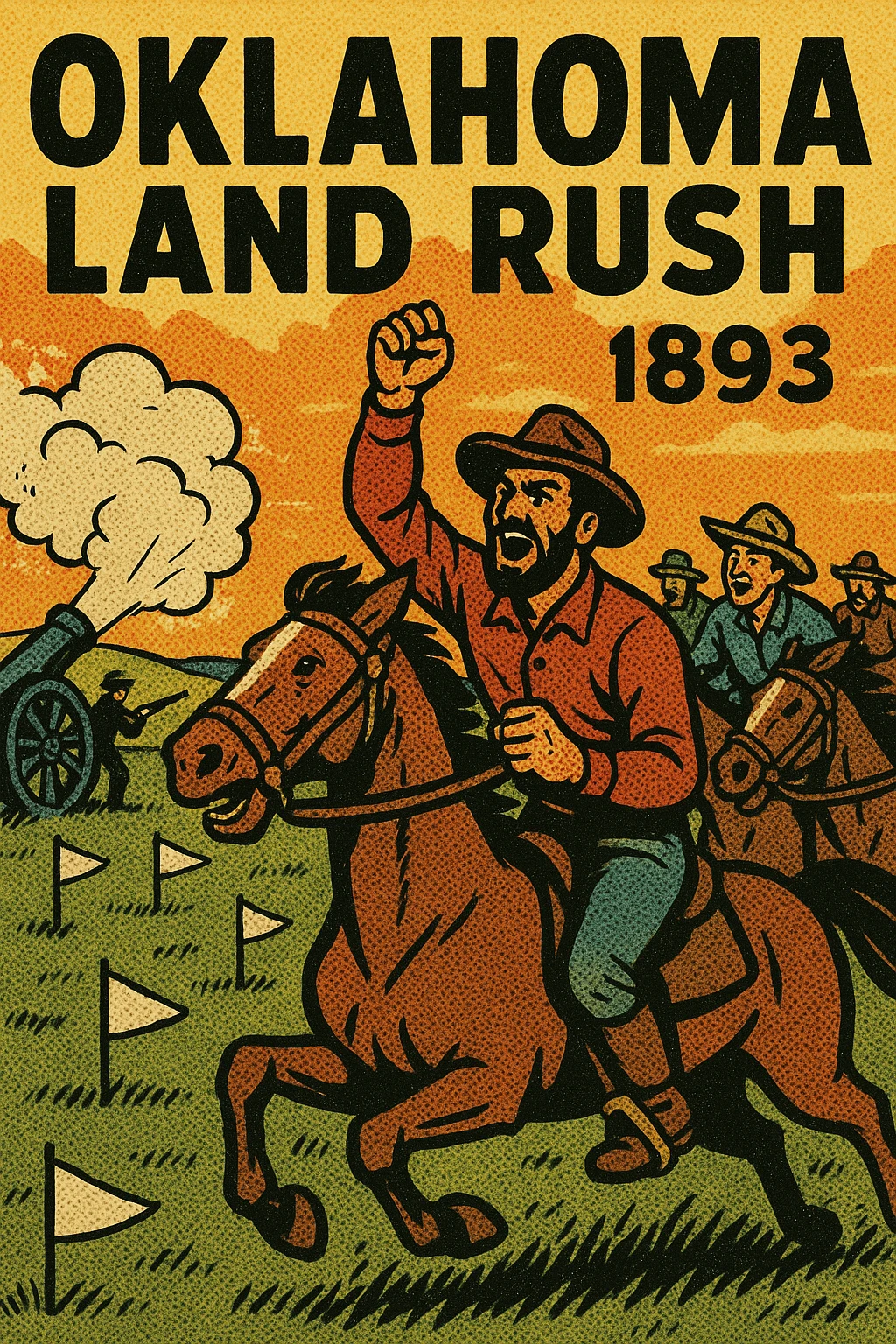 A poster advertising the 1893 Oklahoma Land Rush with an image of excited American settlers on horse back waiting at a start line on the grasslands of the American West.  There is an US Army canon booming in the background and white flags stuck in the ground marking out plots of land emoji