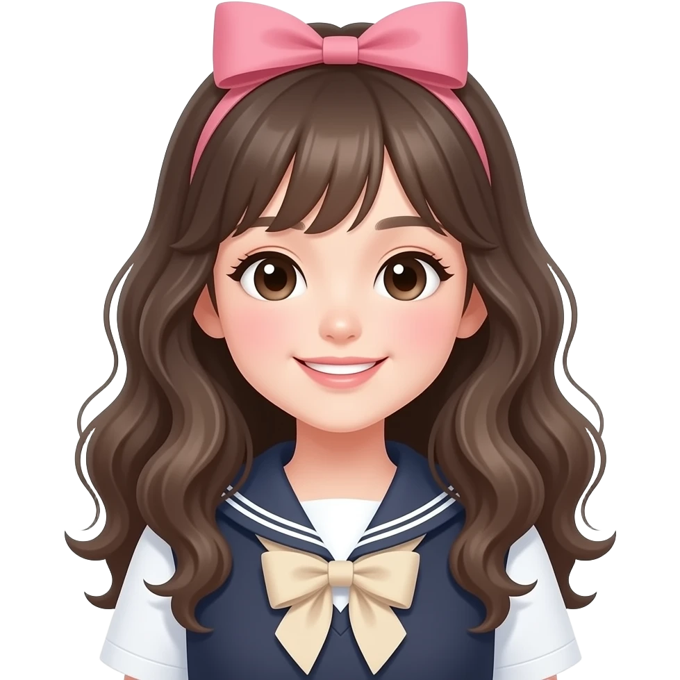 A female student with long hair, fair skin, rosy cheeks, and a sweet, innocent look. Her hair is softly curled in natural waves and tied with a pink bow. She has a bright smile and wears a minimalist style bow in white or beige. emoji