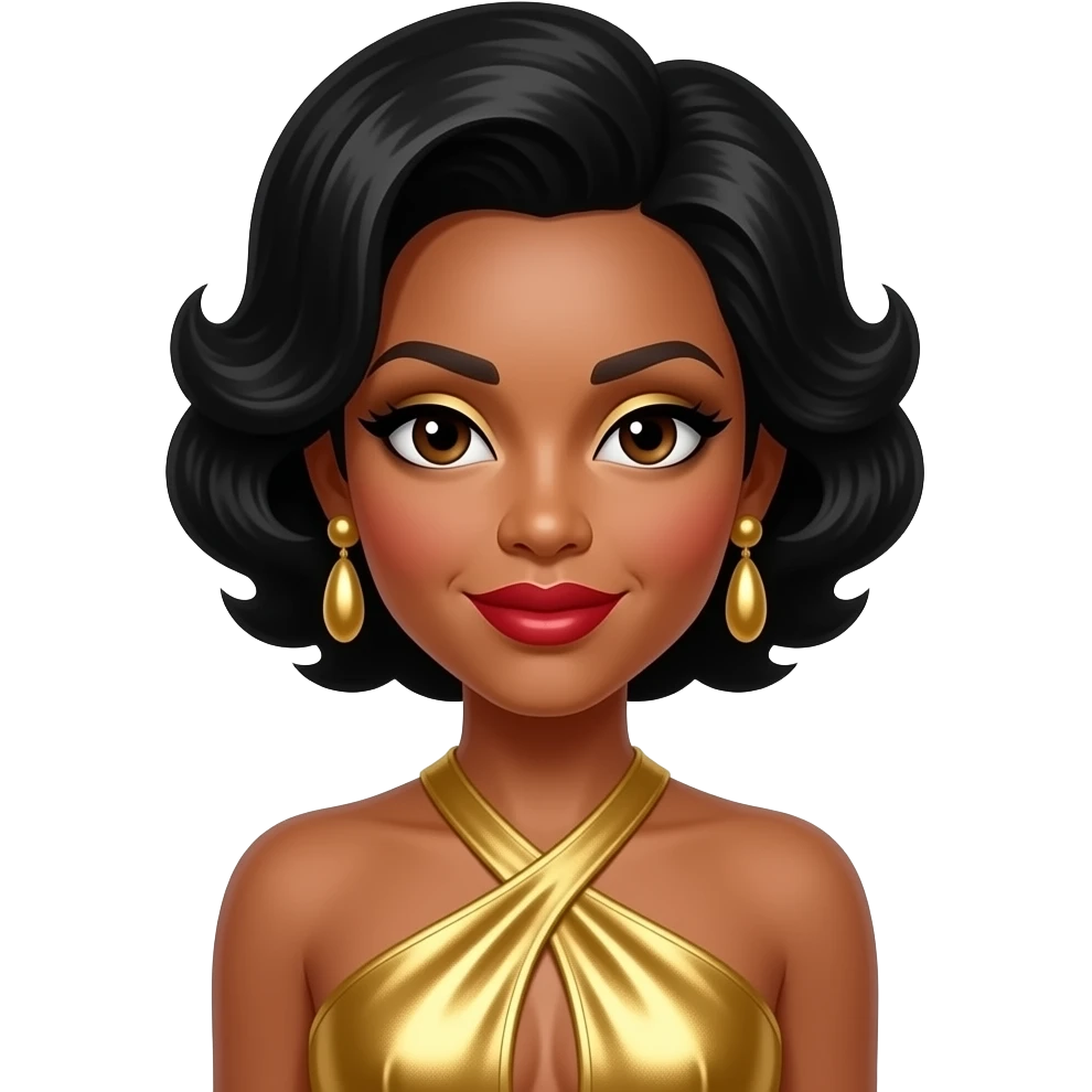 Kelly Rowland with dark brown eyes, black 60s beehive hair, gold eyeshadow, red lipstick, gold metallic halter dress, gold earrings emoji