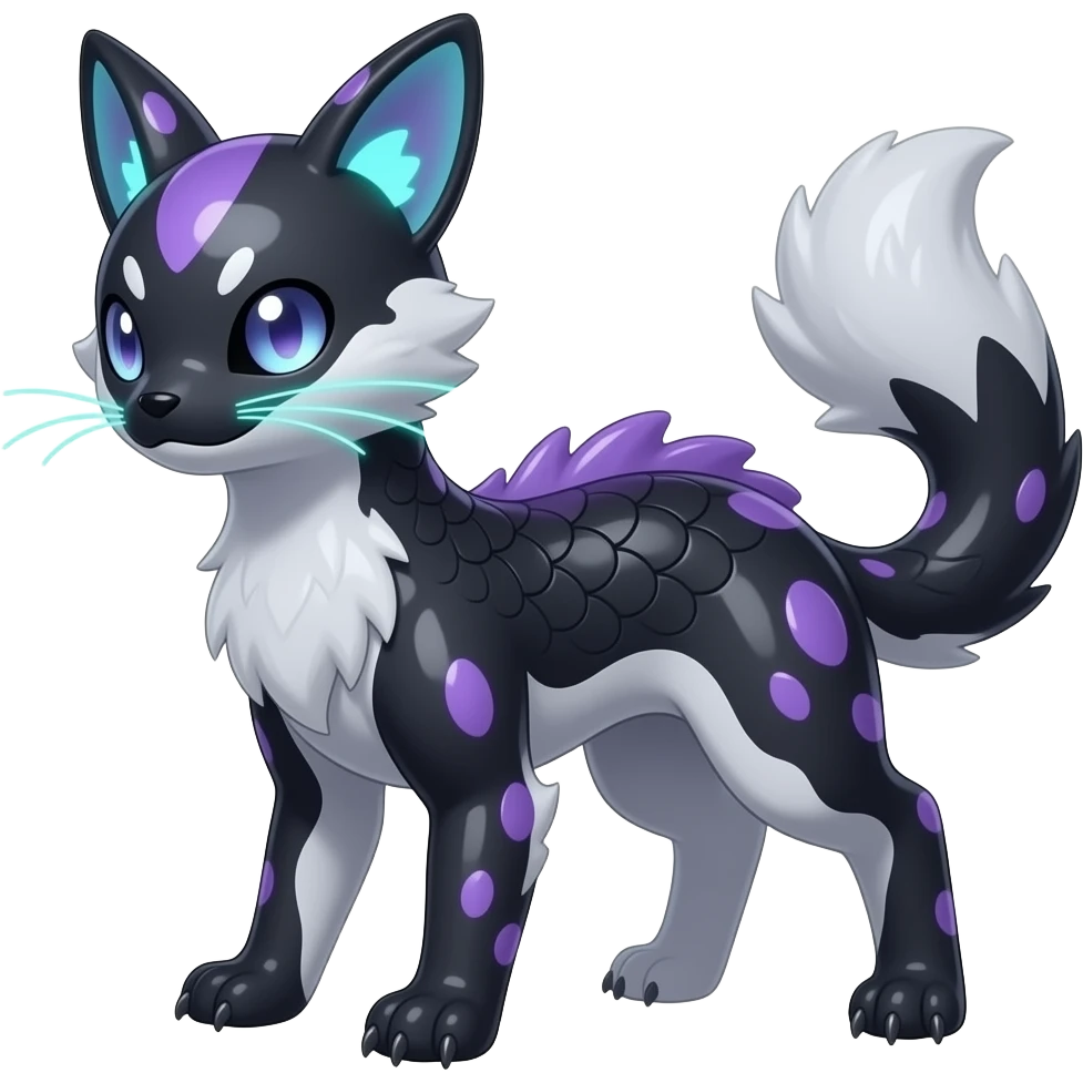 Realistic slim smooth oily shiny glossy elegant bioluminescent dull, scaly furry oil-blackish oily greyish, purplish, whitish abyss-fantasy-Zorua-Sprigatito-Absol-Lykoi-Fakémon-fusion, with thin neon-glowing bulb-whiskers, koi-piebald-flecked full body emoji