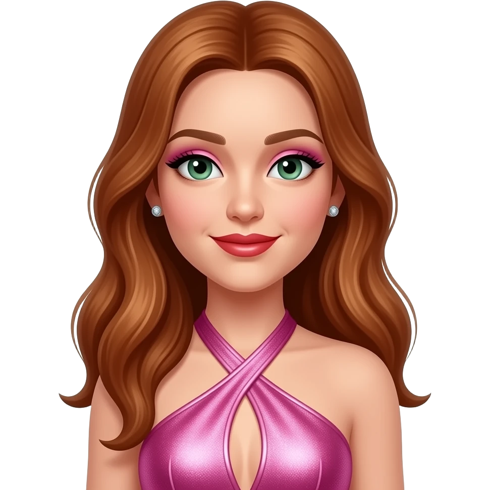 Carmit Bachar from The Pussycat Dolls with hazel-green eyes, long red 2000s hair, pink eyeshadow, red lipstick, pink metallic halter dress, earrings emoji