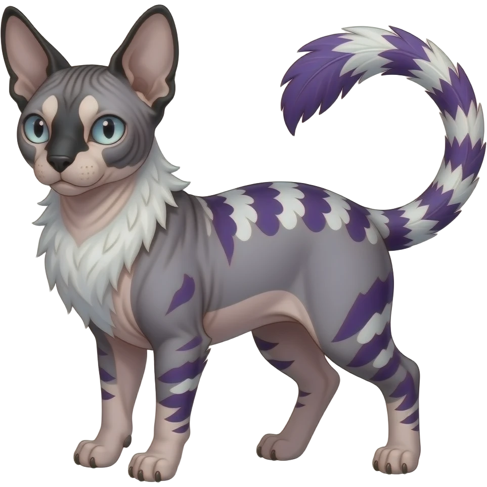Furry, fluffy tropical flecked painted feathery scaly, Purple, white, black, Minccino-Sphynx-Lykoi-Linoone-Zangoose-fusion-hybrid-animal-Fakémon-creature, full body, thin long sleek scaly tail, intricate markings emoji