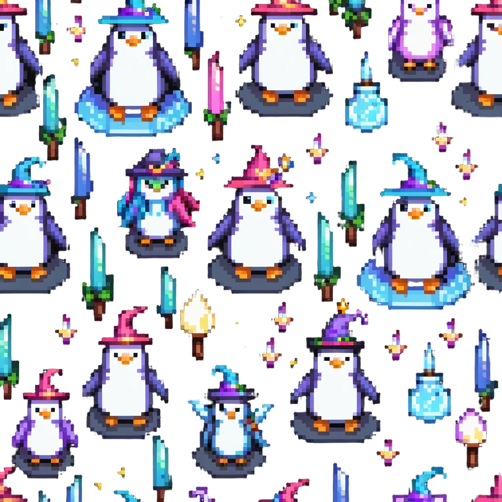 penguin wizard with magical sparkles, a unicorn, fairy, and tiny goblin companion in a pixelated fantasy world emoji