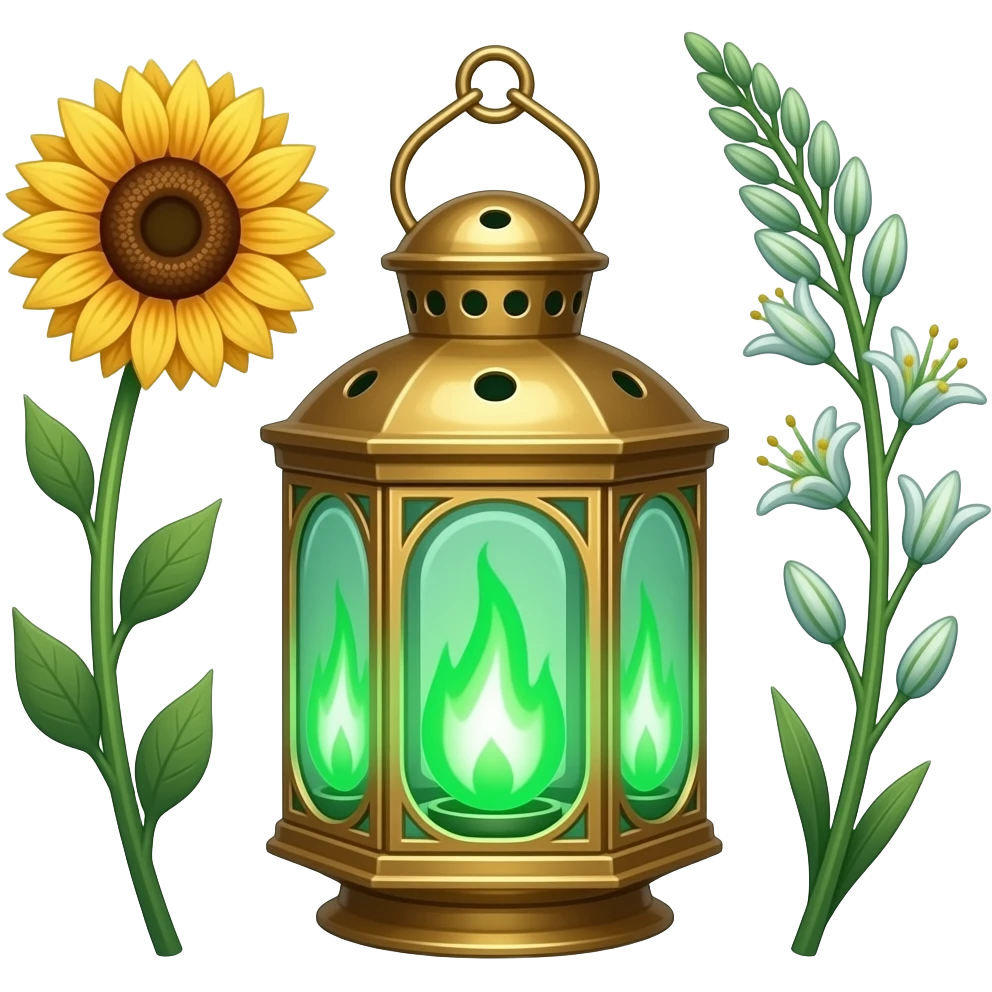 A golden hanging lantern with a bright emerald green flames, an empty loop on top, fae filigree themed sunflowers on the left and asphodels on the right, but simple focus more on the green flames, paint the glass more green emoji