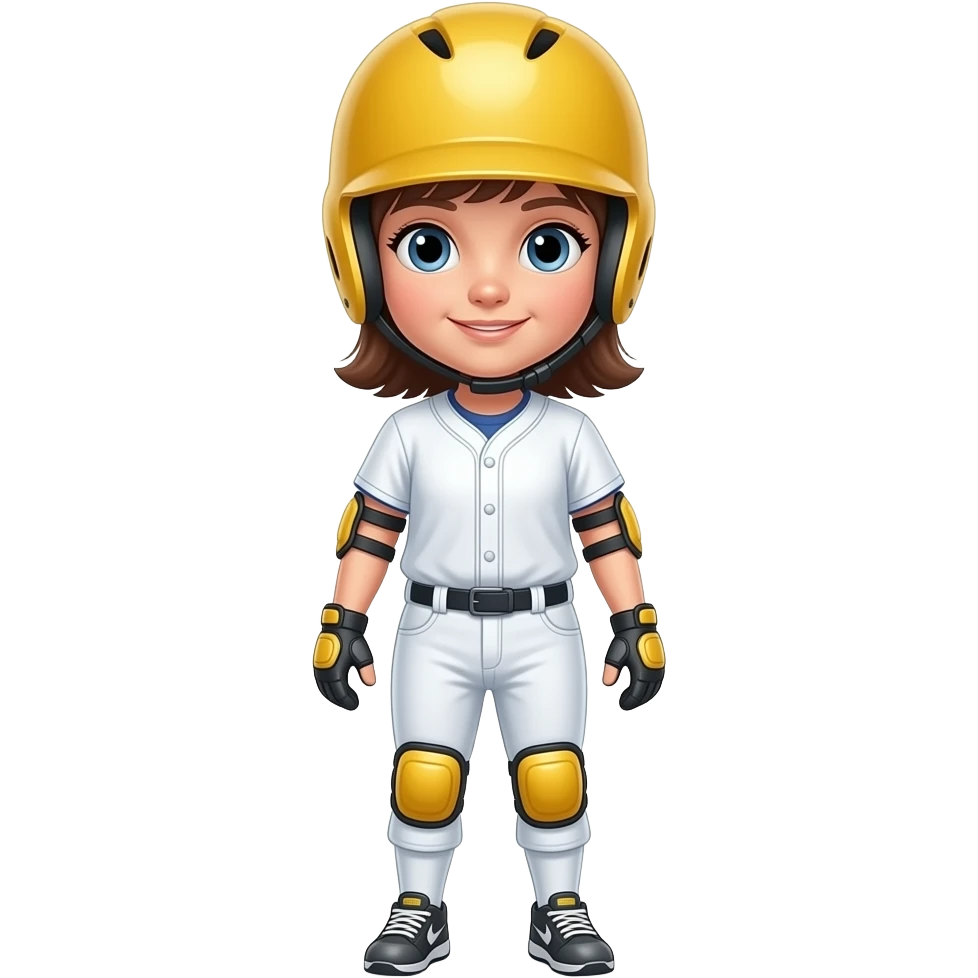 Child girl standing upright, wearing yellow elbow pads and knee pads, yellow helmet, ready-to-play expression, front-facing pose. emoji