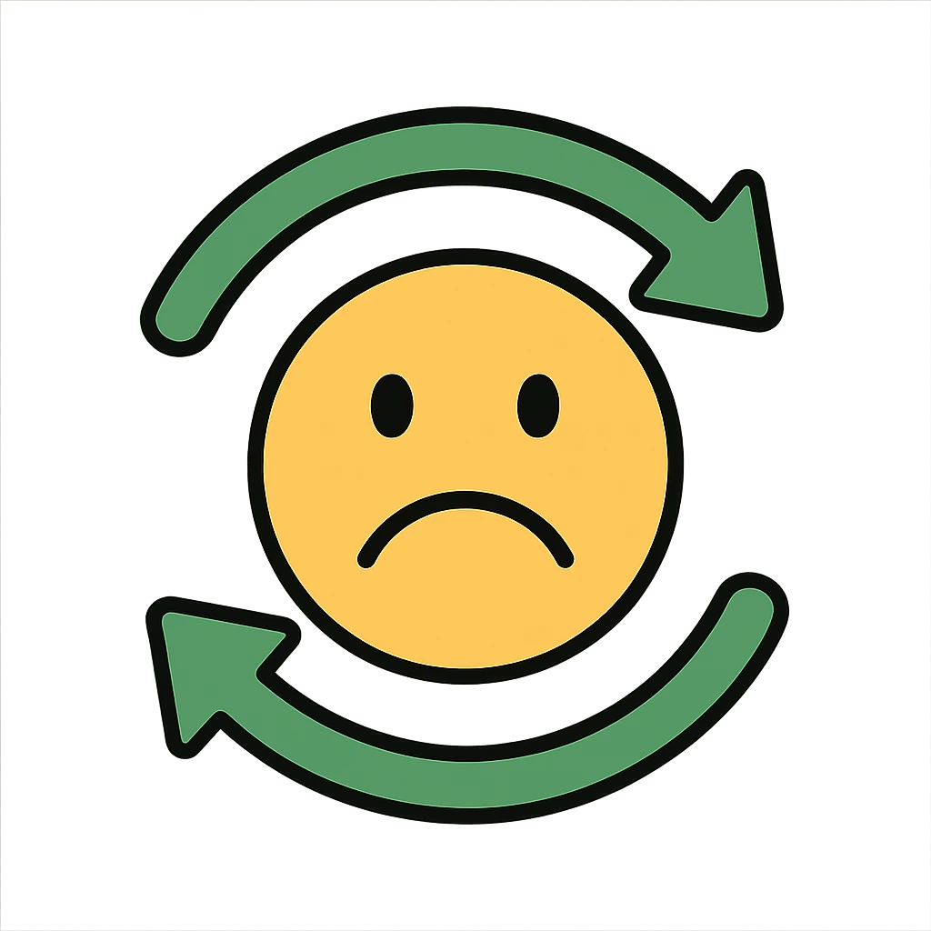 turnover arrows forming a circle with a frowning face in the center, modern look, green gold and white color scheme, rounded shapes, simple design, no background emoji