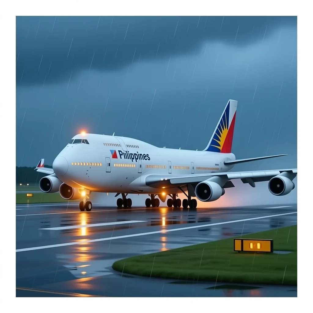 a boeing 747 philippines airline, emergency landing in naha, airport. emoji