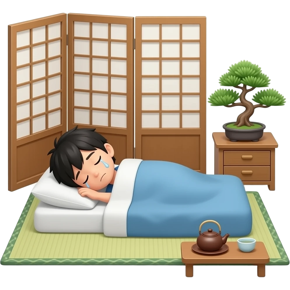 22 year old japanese boy sleeping in bed. put japanese culture in the background. Make the japanese boy drool while sleeping emoji