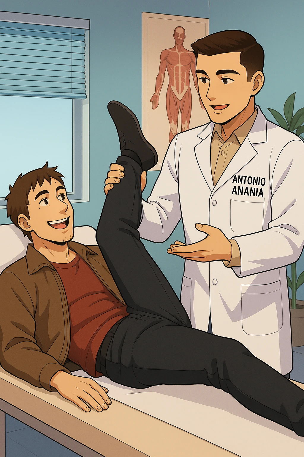 fai un webtoon manga a colori con questo stile, in cui un uomo è steso sul lettino medico e il kinesiologo con il camice bianco (fagli anche la scritta "ANTONIO ANANIA" SUL CAMICE, gli solleva una gamba per fargli il test neuromuscolare, IL KINESIOLOGO SPIEGA ALL'UOMO UNA cosa mentre gli alza la gamba. l'espressione dell'uomo è felice e soddisfatta, non fare i fumetti però, fai solo in modo che sembri stiano parlando, il lettino fai in modo che si veda tutto intero emoji
