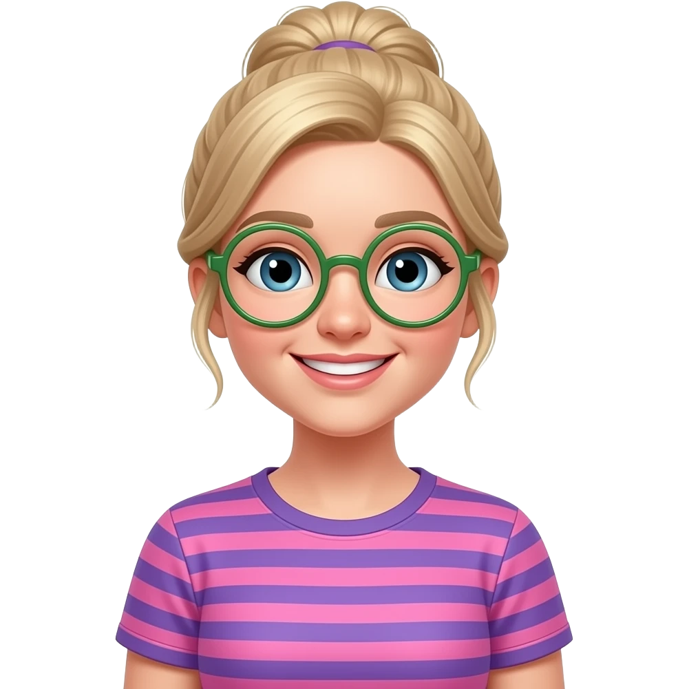 White girl with straight medium blonde tied up hair wearing green-rim circular glasses smiling wearing a pink and purple horizontal t-shirt smiling emoji