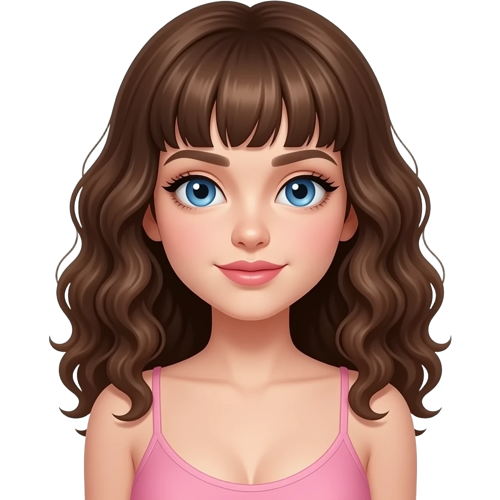 pale girl with blue eyes, thick natural eyebrows, thick natural eyelashes, little thin, pink lips, brown, curly hair with micro bangs and large breasts emoji