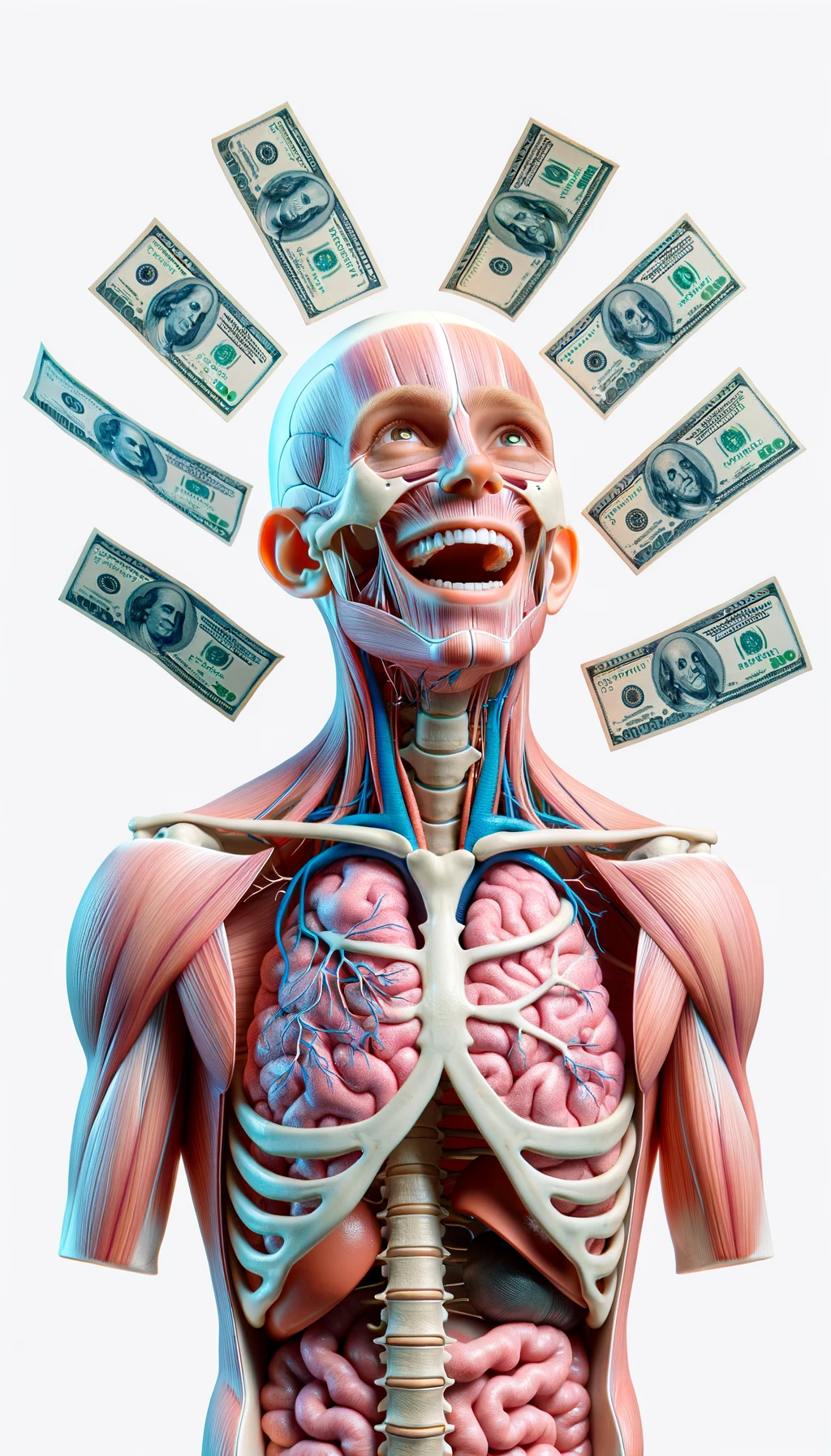 corpo umano anatomico sereno e felice con banconote sparse appiccicate sul corpo, espressione stupita, iperrealistica 4k, isolato su sfondo bianco emoji