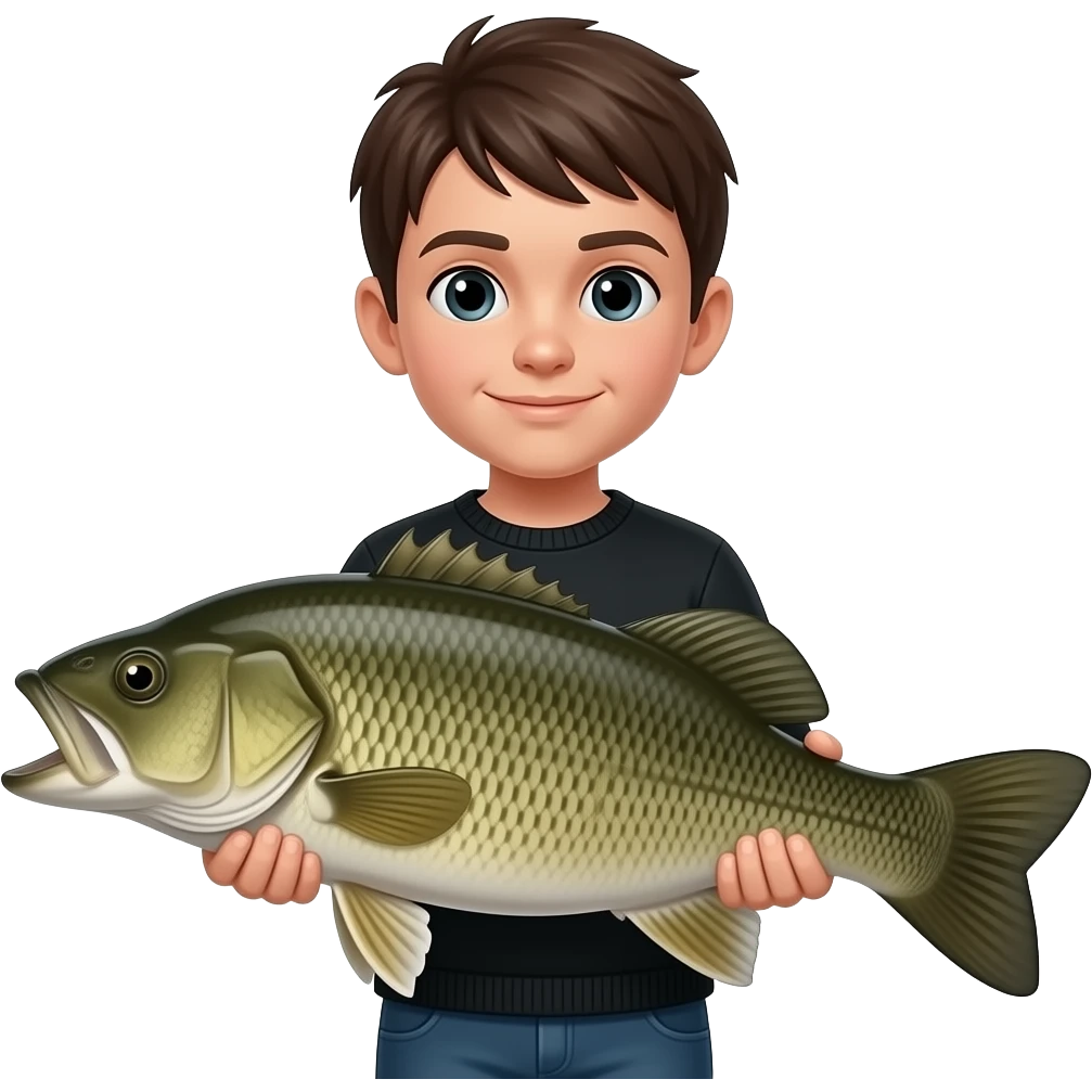 a kid with a black sweater on holding a massive bass fish to the camera emoji