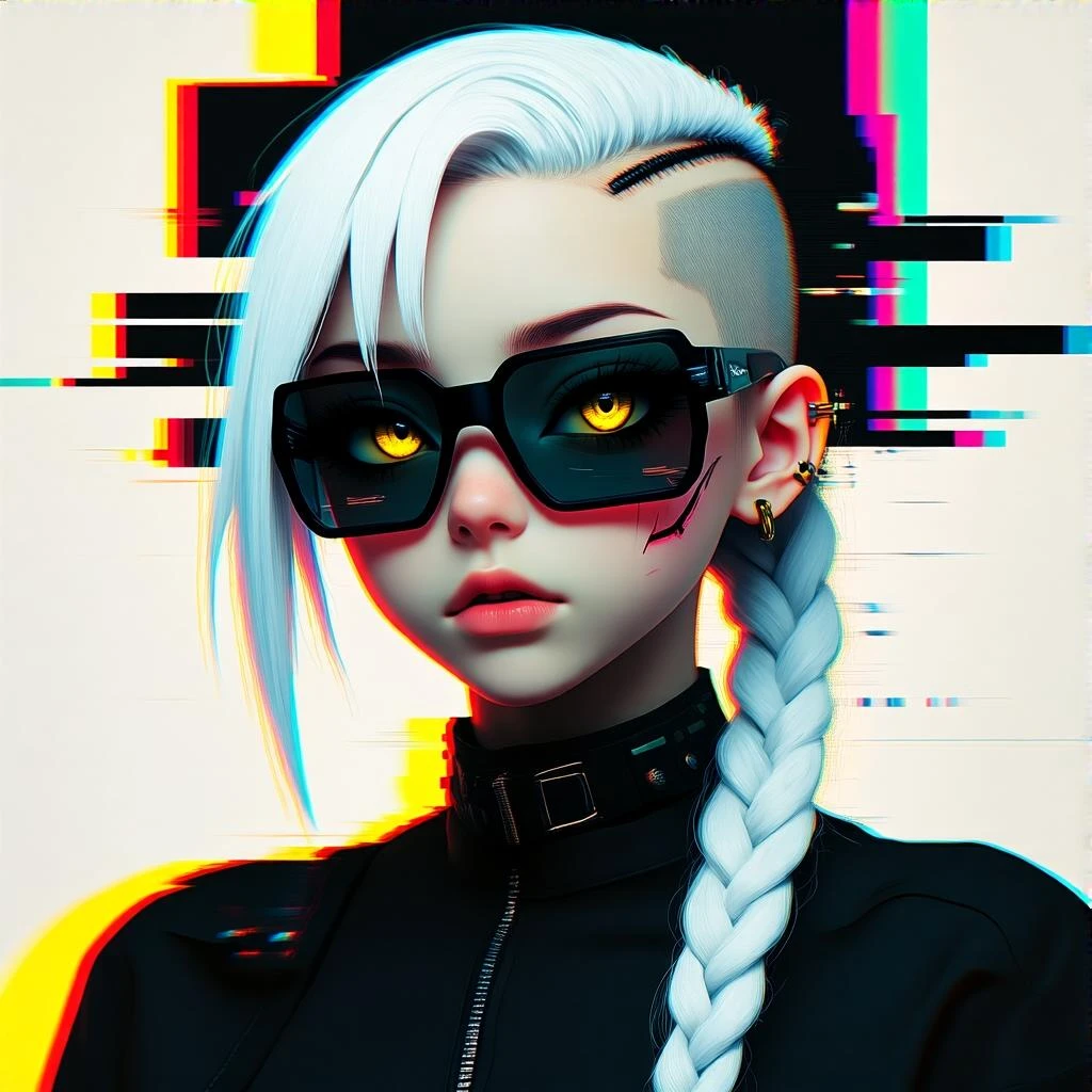 cyberwave glitch digital microscanner projection of a portrait of an anime girl wearing dark shades, cyber hologram, abstract, experimental glitchy brutalist graphicwave, 1 female, white hair mohawk locks, shaved sides hair, long single braid, gold yellow eyes, emoji