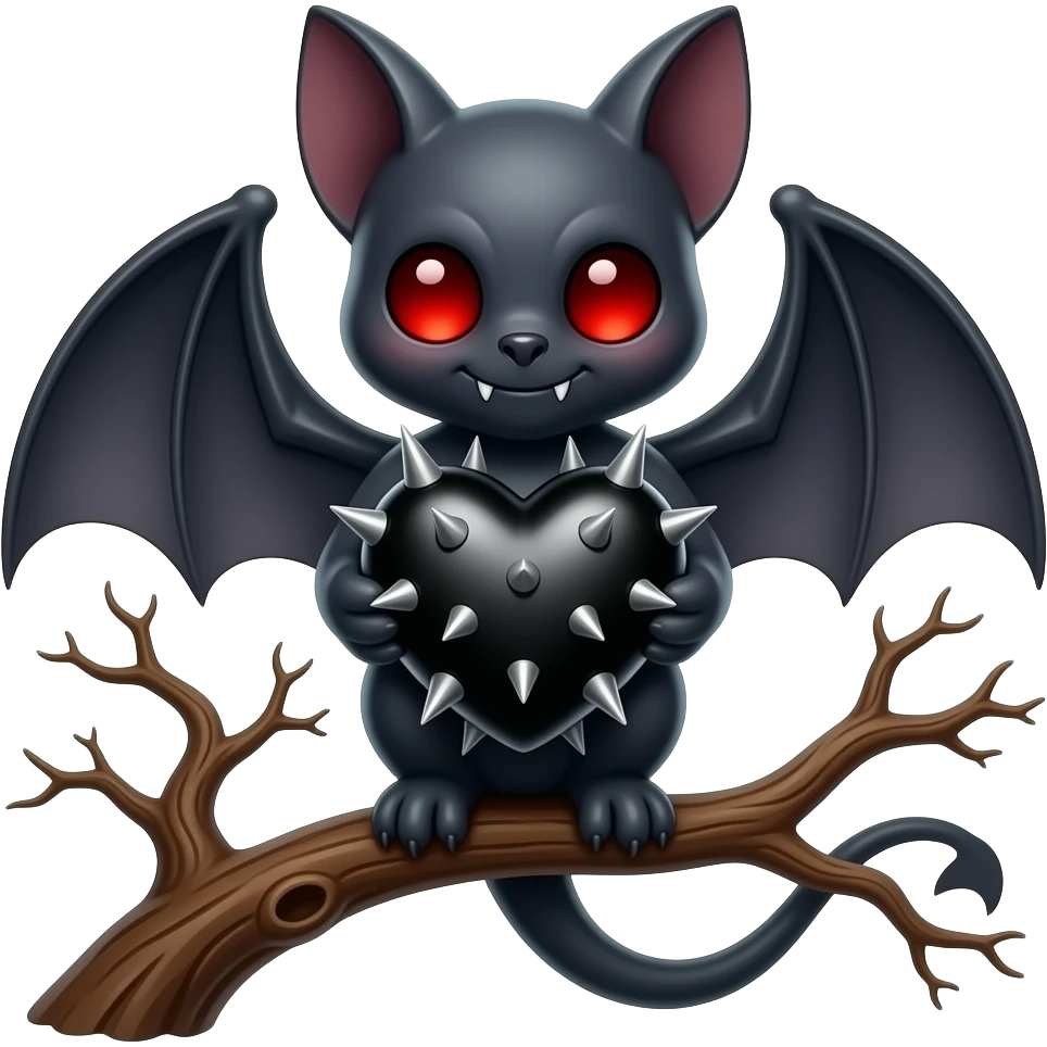 Cute evil bat holding a big black heart with spikes emoji