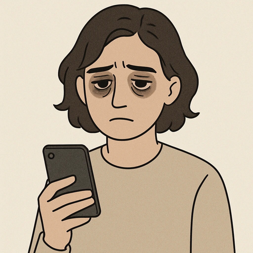 digital illustration of a person with dark circles under eyes looking at their phone, neutral background emoji