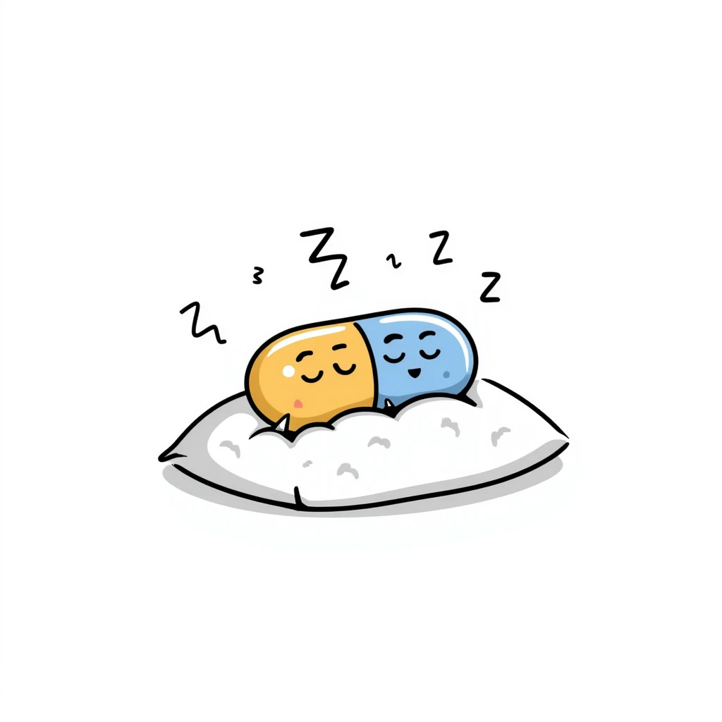Cute sleeping pill with closed eyes and zzz sleep symbols, colorful sedative medicine capsule on a pillow, hand drawn sleep aid icon with gentle relaxing colors, sleep medicine concept emoji