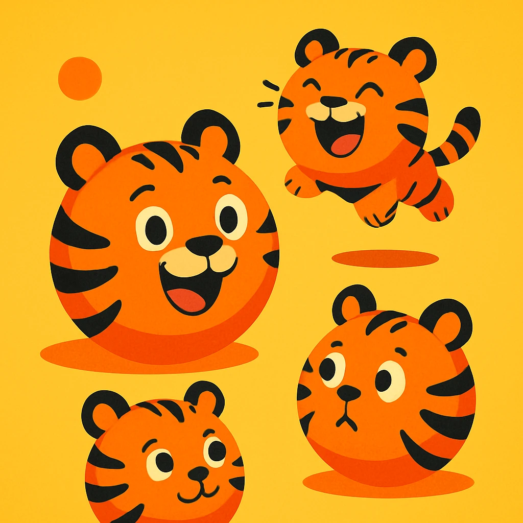 playful illustration of tiger balls, orange with black stripes, cartoon style emoji