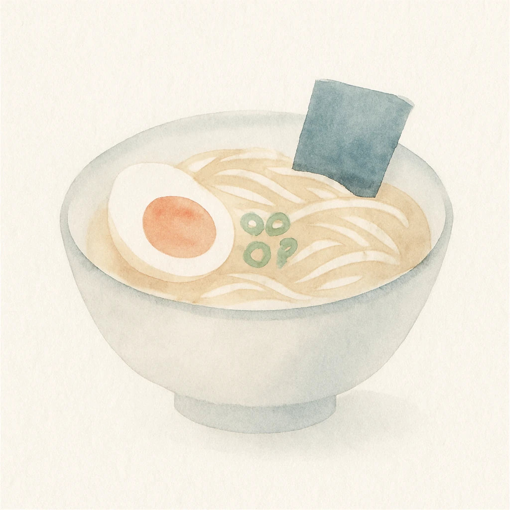 watercolor illustration of a bowl of ramen, soft colors, artistic brush strokes, white background emoji
