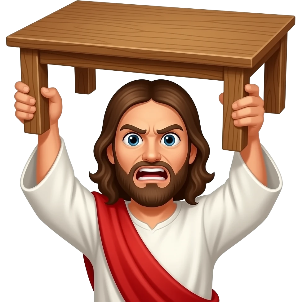 Jesus extremely mad throwing a wooden table above his head emoji