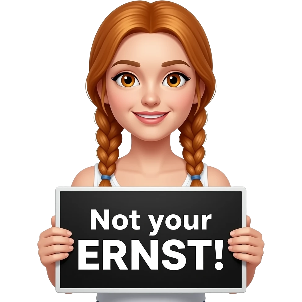 sexy girl with long ginger braids and ginger eyes wearing a white tanktop is holding a black sign with Not your ERNST! written on it emoji