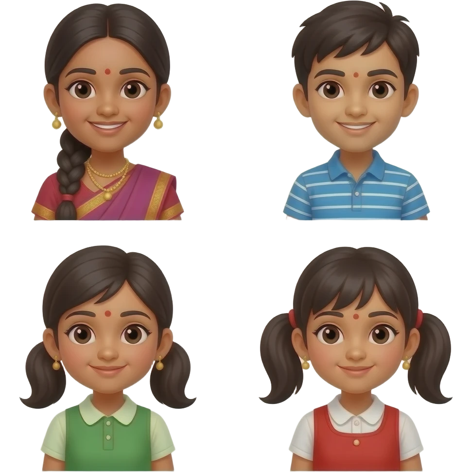 Mary Had A Little Lamb Oh my Genius Indian Teacher Man Sand Face Boy With Blue Lines Shirt Girl with upper pigtail and green dress girl with 2 pigtails and red dress emoji