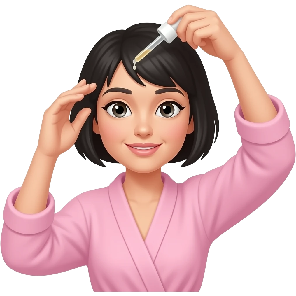 White girl taking care of her black short hair by giving herself a hair tonic massage with a dropper, wearing a pink robe, iPhone emoji style emoji
