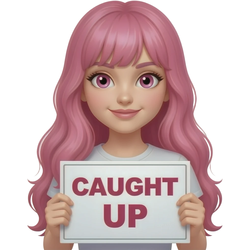 sexy girl with long pink hair and pink eyes wearing a holding a CAUGHT UP sign emoji